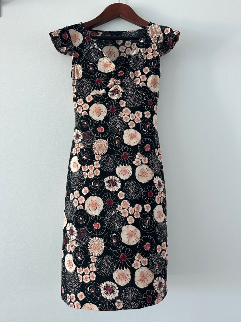 BCBGMaxAzria Black Floral Midi Dress with Cream and Pink Accents